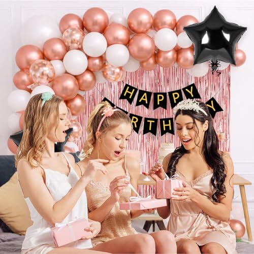 Image of Rozi Decoration Rose Gold White Balloon Arch Kit for Birthday Decoration Party | White, Rose Gold & Confetti Balloons with Happy Birthday Banner for Home Party Backdrop Set of 63 Pcs