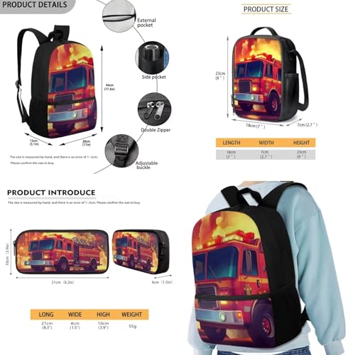 Rnyleeg Fire Truck Backpack for Boys Novelty Kids Bookbag Set Lightweight Lunch Box and School Bag Set of 3 for Elementary Middle Back to School Gifts4