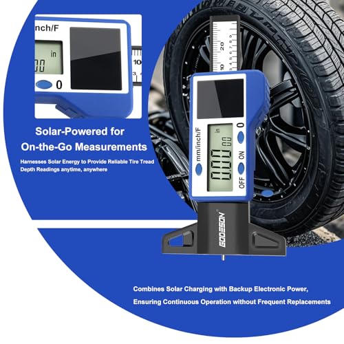 Image of GODESON Digital Tire Tread Depth Gauge - 3 Modes-Fraction /Inch /MM Display, Solar & Battery Hybrid,1 inch (25.4mm /32NDS) Range, Blue Tire Wear Measure Tool for All Vehicles (Car, Truck, SUV)