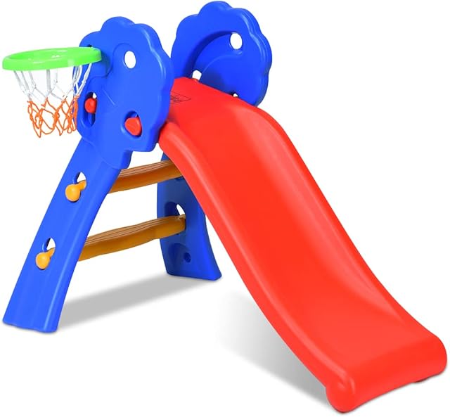 Maxmass Folding Kids Slide, Freestanding First Slide with Basketball Hoop and Humanized Handrails, Children Play Climber Slider for Indoor Outdoor (HDPE with Basketball Hoop)