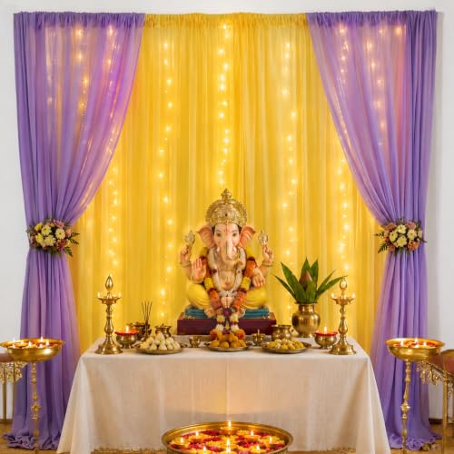 Image of SpecialYou Ganpati Decoration Setup for Home with Lavender & Yellow Back drop Curtain for Decorations, Ganapati Decoration Items for Home Decor-8pcs