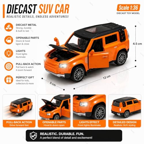 Image of 1:36 Scale Defender Die-Cast Toy Car - Pull Back Metal SUV Model with Openable Doors, LED Lights & Music - Alloy Mini Car Gift for Kids, Boys & Collectors (Orange)