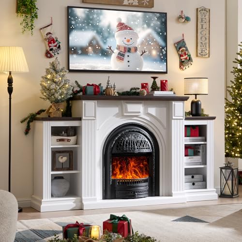 Farmhouse Electric Fireplace with Mantel, 76" Fireplace TV Stand Entertainment