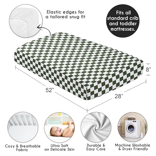Image of Sweet Jojo Designs Fitted Baby Crib Sheets (Green Gingham Checkered) for Boys or Girls, Infant Nursery, Toddler Room - Standard Size (Gender Neutral, Plaid, Vintage, Modern, Check, Unisex, Sage White)