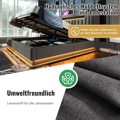 Polsterbett Doppelbett 140x200, LED Jugendbett Hydraulisches Bett Stauraumbett Funktionsbett Bettgestell mit Stauraum&Lattenrost, Stauraum-Kopfteil mit USB Type-C Aufladen, Leinen, Ohne Matratze, Grau – Bild 5