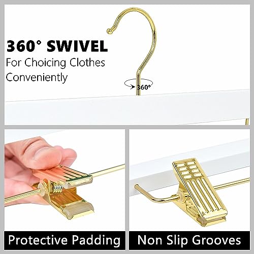 Amber Home 10 Stück 35,5cm Weiß Kleiderbügel aus Holz, Robust und Glänzend Hosenbügel Aufhänger für Hosen Shorts Rock Socken Unterwäsche, mit rutschfest Clips und Drehbar Haken (Gold 10)
