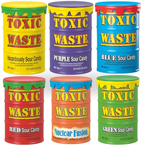 Toxic Sour Candy Sweets Drum Selection - All 6 Drums Including New Blue Drum. New Flavours Lemonade Cotton Candy Concord Grape - Multipack of 6 x 42g