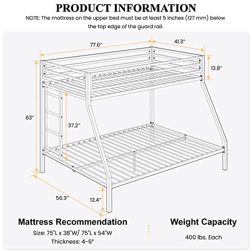 Image of SHA CERLIN Bunk Bed Twin Over Full Size with Ladder and Guardrail,White | Heavy Duty,Metal Slats Support,No Box Spring Needed,Small Space Saving Furniture for Bedroom Dorm