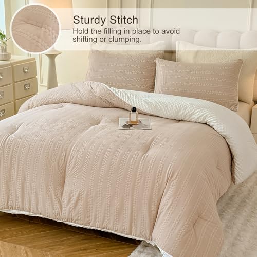 Image of tohrisa Boho Comforter Set Full Size Striped Pleats Bohemian Seersucker Bedding Set All Season Soft Cozy 3 Pieces Quilt with 2 Pillowcases(80 inchX90 inch Beige)