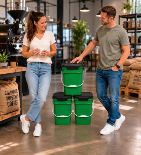 Image of House Naturals 4 Gallon Square Food Grade Bucket Pail with Plastic Handles and Lid (Pack of 3) Made in USA containers (Green)