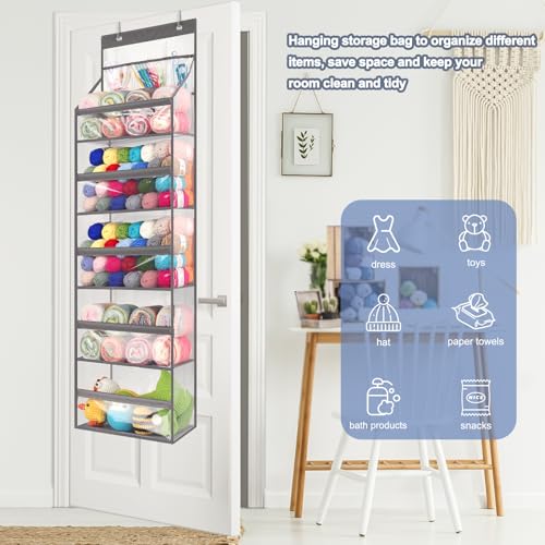 Image of Katech Hanging Yarn Storage Organizer, Large Capacity Knitting Organizer Storage with 5 Transparent Compartments 3 Pocket for Yarns Enthusiasts, Over The Door Storage Bag for Crochet Hooks Yarn Balls