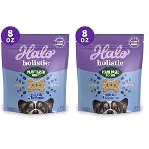 Halo Plant-Based Dog Treats with Oats and Blueberries, Vegan Dog Treat Pouch, 8oz Bag (Pack of 2)
