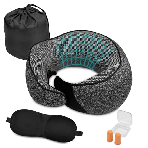 Ravytha Nackenkissen Flugzeug Memory Foam, Reisekissen Ergonomisches, Nackenhörnchen mit Ohrstöpseln, Augenmaske und Tragetasche, Flugzeug Kissen Einstellbares, Schlafkissen Auto für Camping, Reise