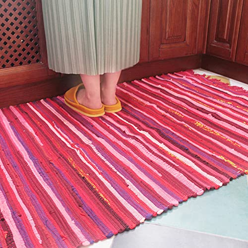 Poowe Cotton Handmade Reversible Chindi Rag Rugs,Multi Color Hand Woven Striped Area Bath Rug Mat Carpet With Tassels Machine Washable,For Laundry Room Kitchen Livingroom Hallway Entryway 20" X 31.5" #TOP1