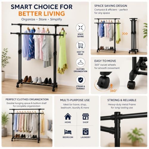 Image of WOOMZY Heavy Duty Cloth Drying Stand for Clothes - Foldable Clothes Drying Stand Metal with Wheels | Adjustable Dry Cloth Stand & Cloth Dryer Stand for Balcony, Home | Pole Rack Kapde Stand