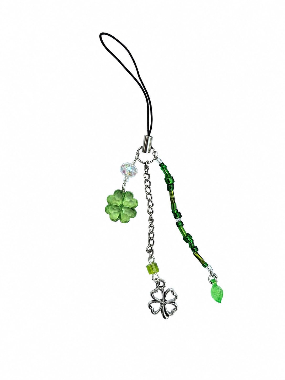Lucky Clover Phone Charm (pack of 1) | Four Leaf | Green Glass & Crystal Beads, Metal | Bag Charm, Keychain Lanyard Gift for Women-image-24