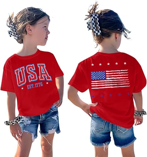 Girls 4th of July Shirt USA T-Shirt for Kids American Flag Shirt 250 Years of Freedom Short-Sleeved Top