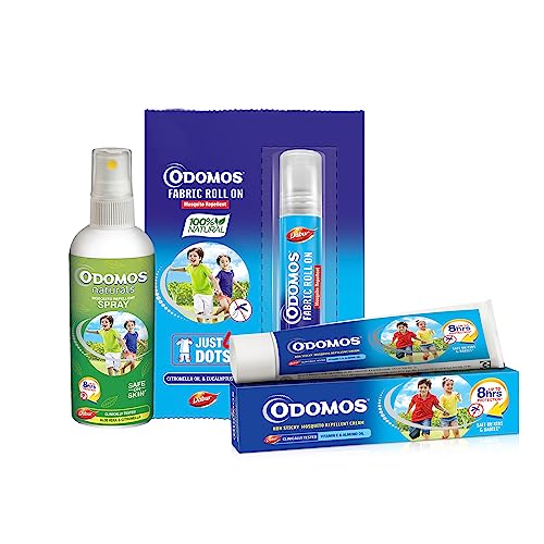 Image of Odomos Mosquito Repellant Fabric Roll On - 8ml + Odomos Non-Sticky Mosquito Repellent Cream With Vitamin E & Almond - 50g + Odomos Naturals Mosquito Repellant Spray - 100ml