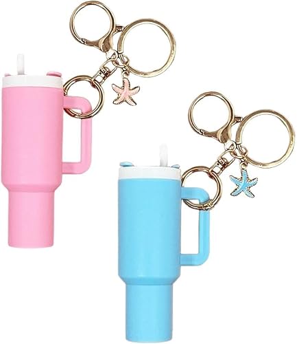 QKEPCY 2 Pieces Mini Cup Keychain Tiny Key Rings with Starfish Pendant Removable Lid Miniature Bottle Keyring Charm Mini Cup Accessories School Bag Key Ring for Women Girls (Pink&Blue)