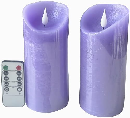 adoria Juego de 2 velas grandes sin llama moradas, velas de pilar de cera real con aroma a lavanda realista, diámetro de 3.15 x 7 pulgadas, control