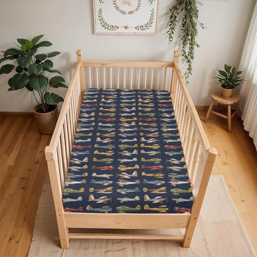 Image of Vintage Planes Airplanes Helicopters Baby Crib Sheets Boy Girl 28 inchx52 inch Navy Plane Models Aircraft Soft Stretchy Fitted Crib Mattress Cover Baby Sheet for Standard Crib & Toddler Mattress Pad