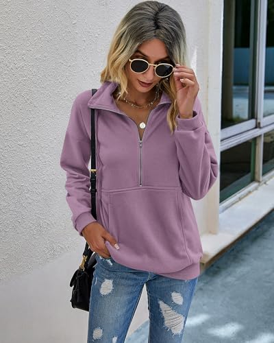 Image of PRETTYGARDEN Women's Casual Long Sleeve Zipper Sweatshirt Drawstring Loose Quarter Zip Pullover Tops with Pockets