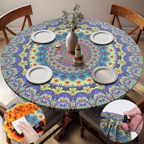 Fitted Waterproof Round Tablecloth Small Mandala Patio Table Cloths for 36-44" Tables Camper Travel Vacation Accessories Outdoor Road Trip Must Haves New Home Living Room House Decorations
