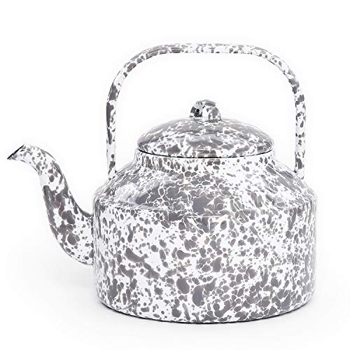 Enamelware Tea Kettle, 2.75 quart, Grey/White Splatter