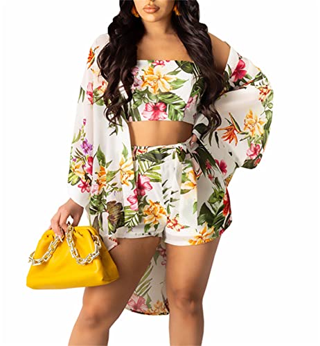 Atyfuniby Womens Floral 3 Piece Vacation Outfits Beach Long Sleeve Cover Ups Crop Cami Tops Belted Boho Shorts Sets