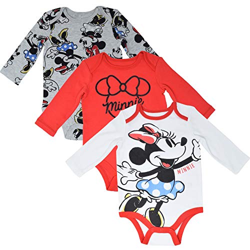 Disney Minnie Mouse Baby Girls 3 Pack Long Sleeve Bodysuits White/Gray/Red 0-3 Months