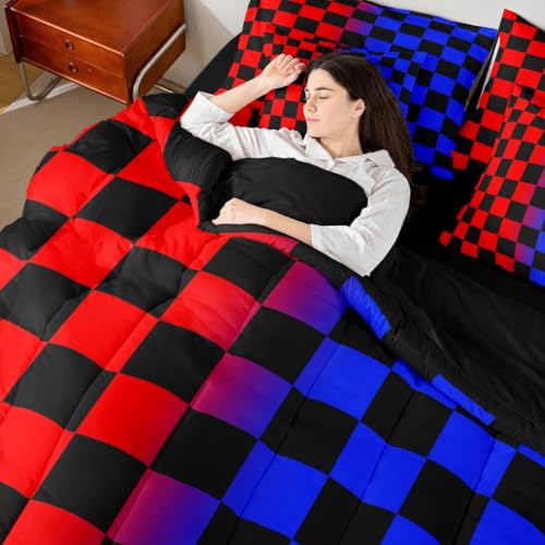 Image of Checkered Comforter Set With Sheets 7 Piece King Size Red Blue Plaid Bed in a Bag Kids Boys Girls Cute Retro Neutral Checkerboard Geometric Bedding Set Vintage Aesthetic Bedroom Decor Breathable Soft