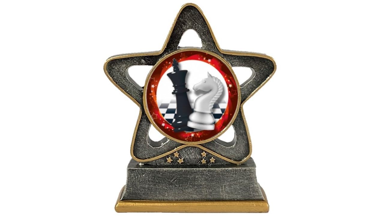 Troshow Antique Silver Chess Trophy Star 110Mm And Gold Resin Award Rook Pawn Checkmate Bishop King Queen Free Engraving Rst004as-Cl