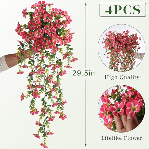 Image of 4 Bundles 29.5 inch Artificial Hanging Silk Flowers for Front Door(Rose Red) | Realistic Fake Morning Glory Flowers with Faux Eucalyptus, for Eave Porch Yard Garden Patio Balcony Home Outdoor Decoration