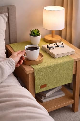 WWW.THROWPILLOW.IN Green Cotton Linen Bedside Table Runner 14x26 | Farmhouse Chic Table Runner for 1.5 Feet Long Bedroom Side Table, Nightstand , Bedside Cabinet, Bed Table |Diwali Décor