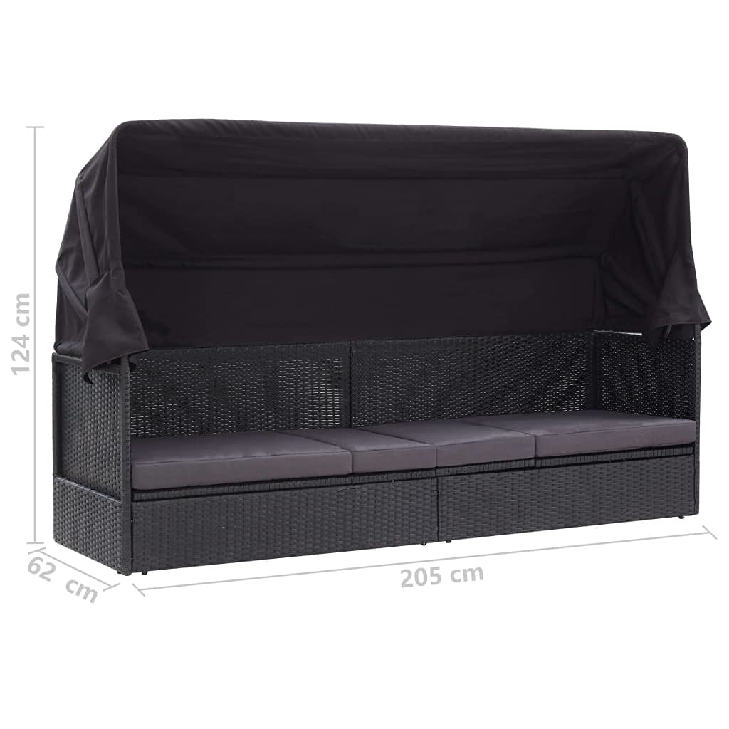 Lettino Prendisole con Baldacchino Nero Rattan PE 205x62x124 cm | Divano letto esterno in rattan PE con cuscino spesso 7 cm e struttura in acciaio, per giardino o piscina