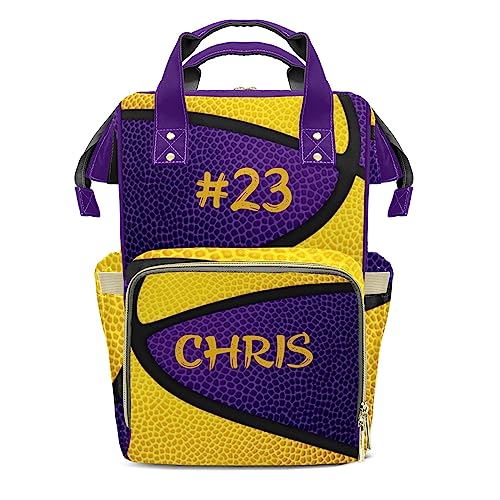 Personalized Purple Yellow Basketball Print Tote Bag Backpacks Custom with Text Mommy Bag Gift for Boy Girl