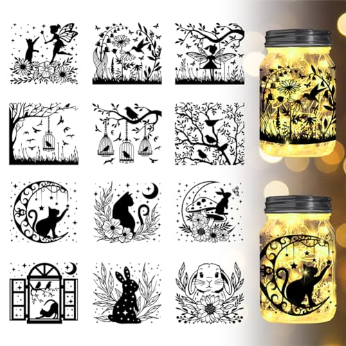 GLOBLELAND 12Pcs Animals Silhouette Cutouts Fairy Bird Cat Bunny Silhouette Lantern Cutouts Decoration Wall Paper Lamp Clings for Jars Wall Painting Windows Glass 3.9x3.6inch
