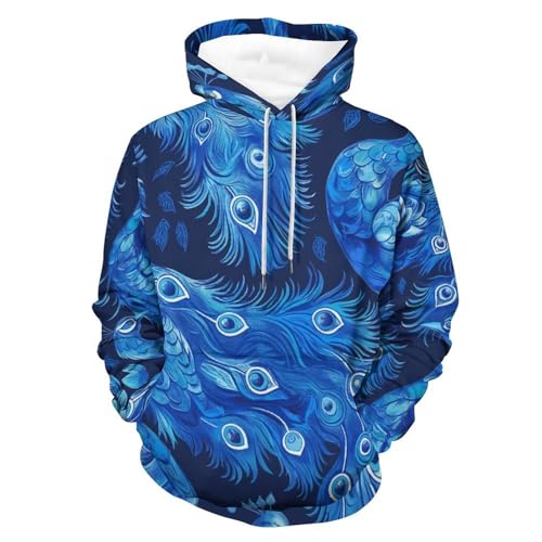 Sweatshirt pullover homme femme bleu paon avec capuche et manches longues