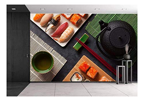 wall26 - Set of Sushi and Maki Roll and Green Tea on Stone Table. Top View - Removable Wall Mural | Self-Adhesive Large Wallpaper - 100x144 inches