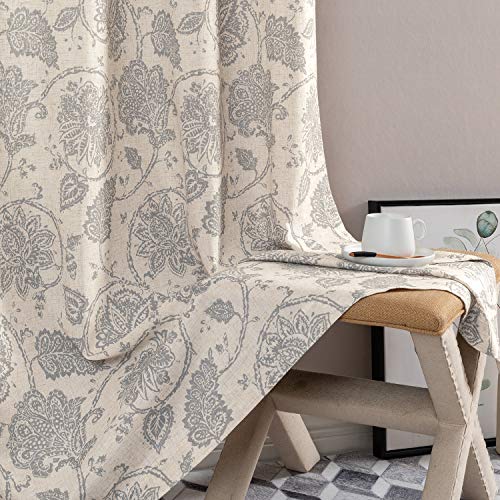 Jinchan Floral Scroll Linen Curtains 96 Inches Long Grey Window Curtains For Bedroom Rod Pocket Light Filtering Farmhouse Drapes For Living Room Vintage Printed Window Treatments Set 2 Panels #TOP2