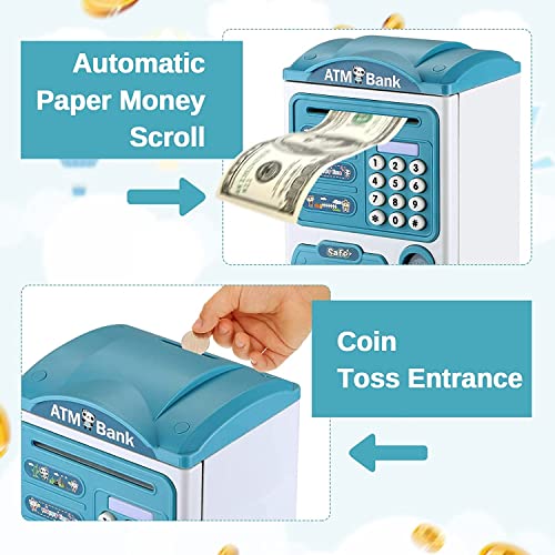 Image of Electric ATM Piggy Bank for Kids with Password Protection and Finger Sensor, Auto Roll Money Notes - Blue, Modern