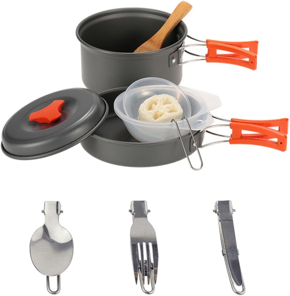 Portable Camping Cookware Non-Stick Picnic Cooking Pots Pans for People Outdoor Hiking Backpacking Mess Kit Easy Clean Space-Saving Design