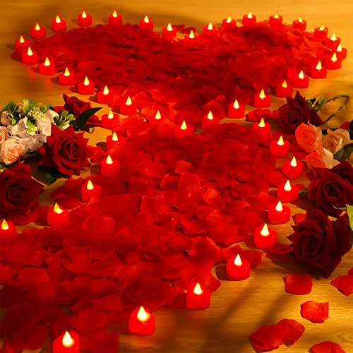 Image of Coume 6000 Pieces Artificial Rose Petal 72 Pieces LED Tealights Candle, Romantic Decorations Special Night Rose Petal Heart Candle for Valentines Wedding Anniversary Proposal Decor(Red Light)