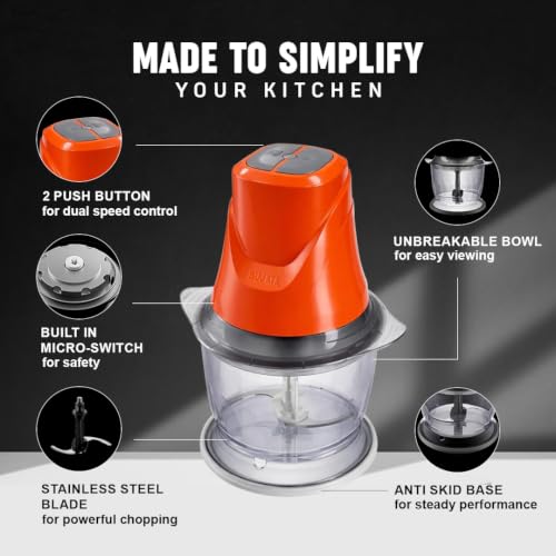 Image of Sujata Chopcraft Electric Chopper 900ml, Vegetable Chopper for Kitchen | Dual Speed | 3200 RPM High Speed Motor | Stainless Steel Blades | Chop, Mince, Whip & Blend | Orange