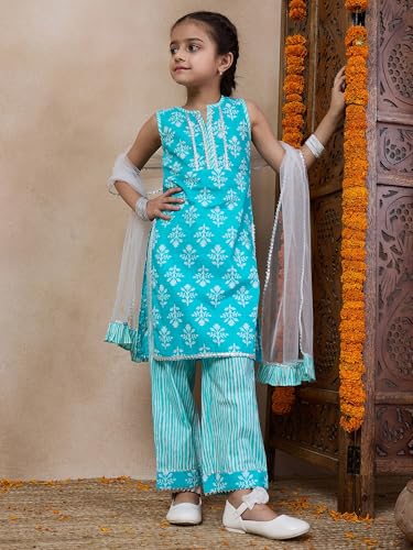 Pspeaches Girl's Cotton 1 Kurti, 1 Pajama, 1 Dupatta (Ks-Bluewhitebooti-3-4Y_Blue