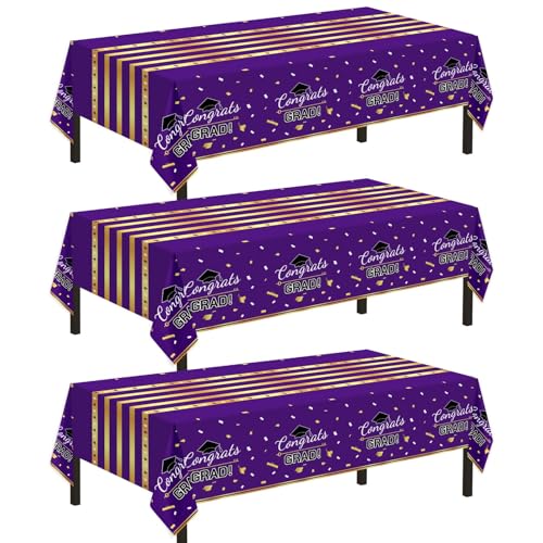Childom 3 Pack Graduation Tablecloth Graduation Decorations 2026 Graduation Party Decorations 54x108Purple and Gold Graduation Decorations Disposable Plastic Table Cloth Rectangle for Party Supplies
