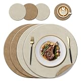KERYCHIN Lot de 4 Sets de Table Ronds en Cuir (38 cm) + 4 Dessous de Verre (10 cm), Résistants à la Chaleur, Antidérapants et Faciles à Nettoyer, Double Face pour Cuisine,Extérieur, (Crème/Beige)