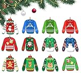 12 Pcs Wooden Ugly Sweater Ornaments Wooden Christmas Winter Sweater with Lanyard for Christmas Tree Decorations, Xmas Party Supplies, Holiday Craft Kit