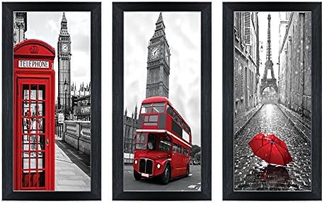 Yiijeah Canvas Wall Art with Black Frames Black and White Red Paris Landscape Picture Print on Canvas for Photo Wall Display Photograph Decor Living Room Bedroom Bathroom Decoration 6x12in 3 Panels