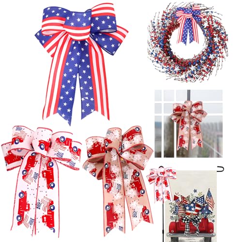 Kairova 3 PCS 4th of July Decorations Bows for Wreath Wall Door Patriotic Memorial Day Decorations Truck & Red White Blue Decorations Indoor Outdoor Tree Topper Independence Day Fourth of July Decor